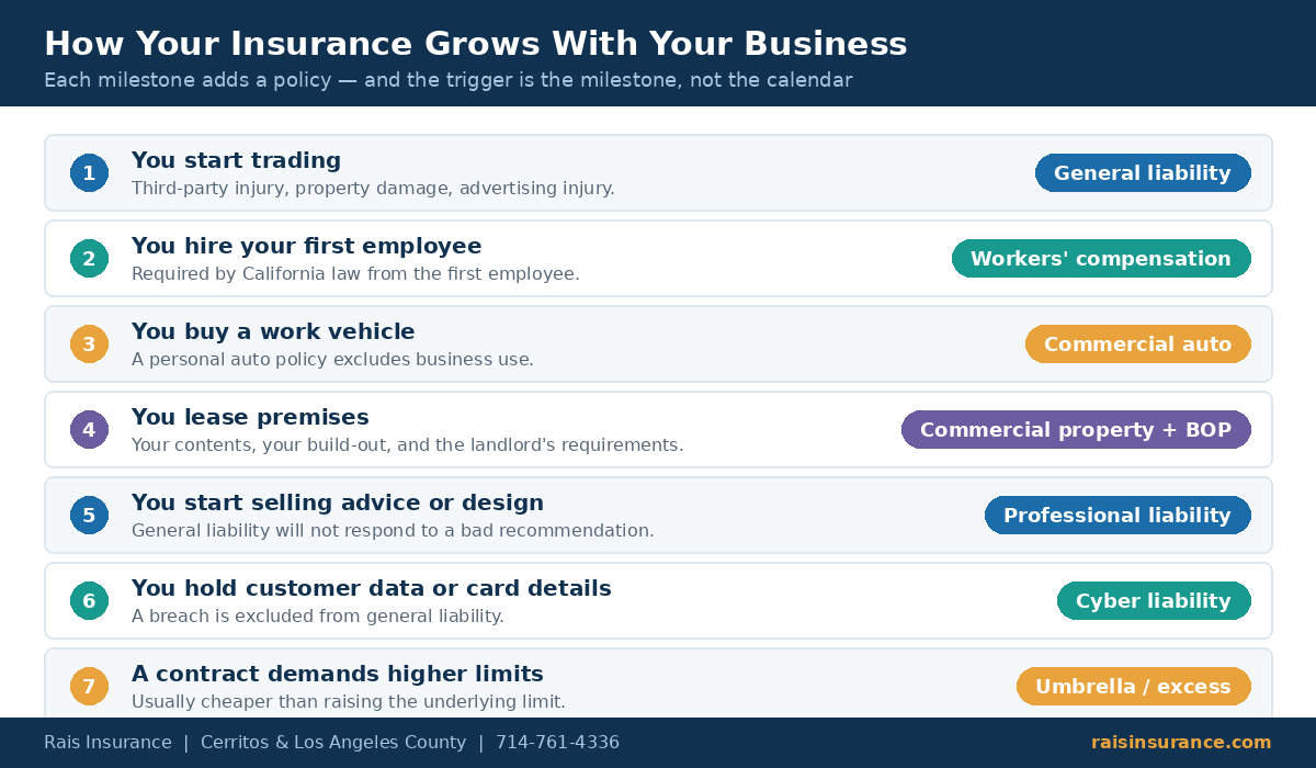 How business insurance grows by milestone from general liability through workers compensation, commercial auto, property, professional and cyber