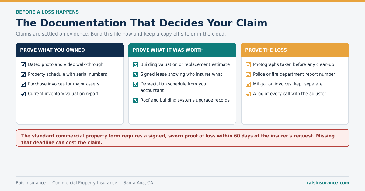 Commercial property insurance claim documentation checklist for Santa Ana business owners