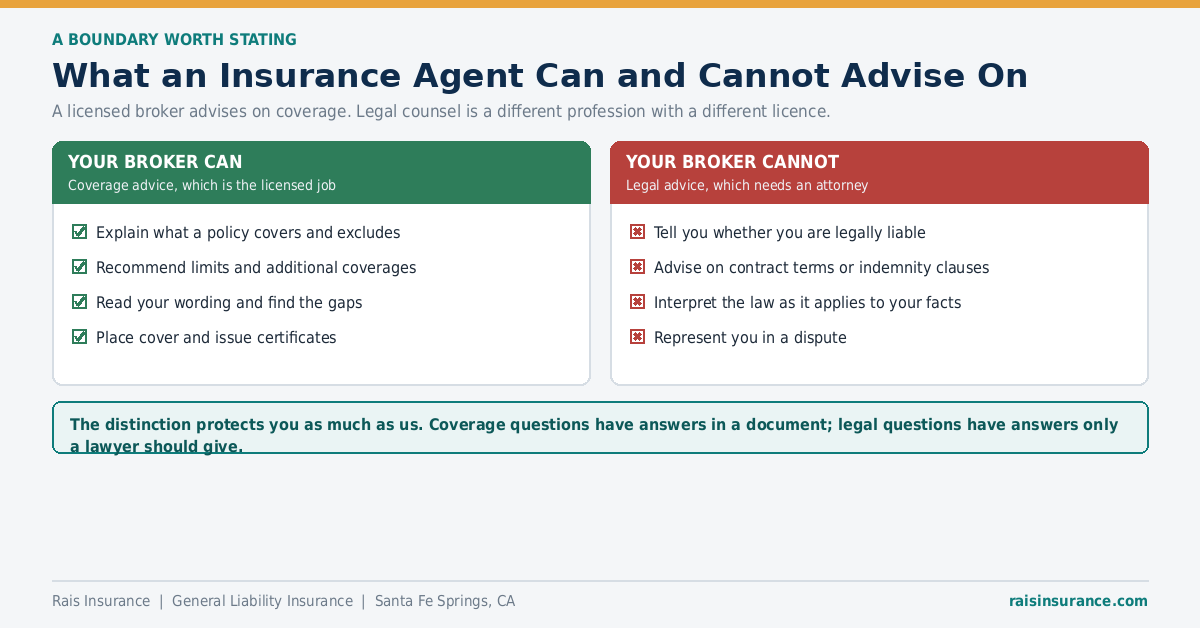 What an Insurance Agent Can and Cannot Advise On What an insurance agent can and cannot advise on - coverage advice versus legal counsel