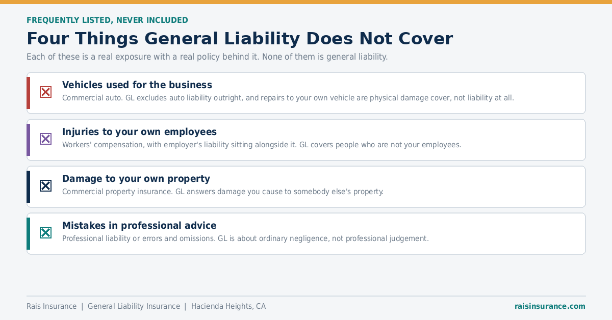 Four things general liability insurance does not cover - vehicles, employee injuries, your own property, professional advice