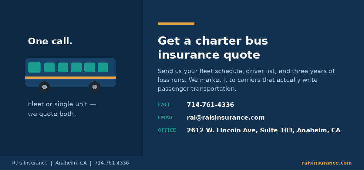 Get a Charter Bus Insurance Quote | Rais Insurance Anaheim Get a charter bus insurance quote from Rais Insurance in Anaheim, California