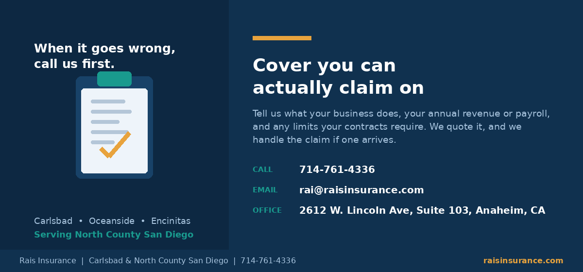 Get a general liability insurance quote for your Carlsbad business from Rais Insurance