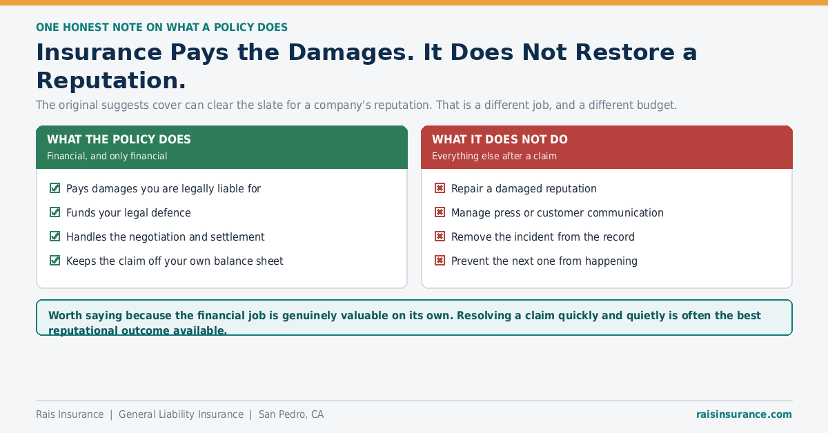Insurance Pays the Damages, Not the Reputation Insurance pays damages and defence costs but does not restore a business reputation