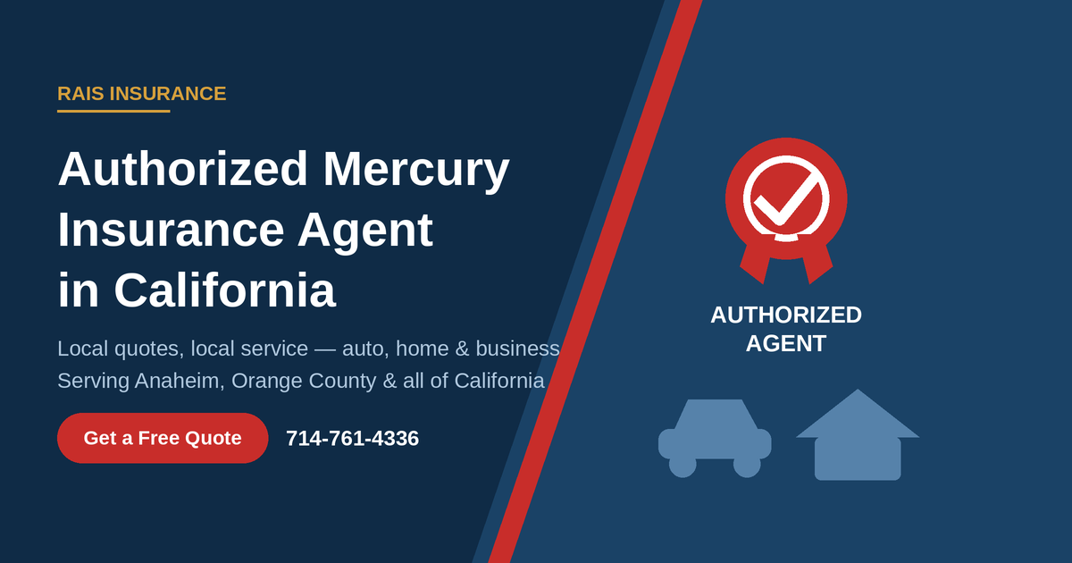 Rais Insurance, an authorized Mercury Insurance agent in California, offering free auto and home insurance quotes from its Anaheim office