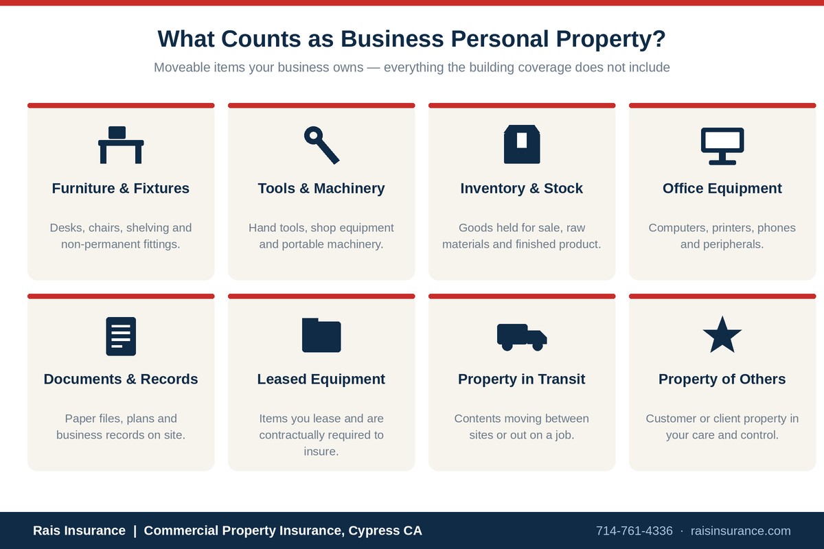 What counts as business personal property — furniture and fixtures, tools and machinery, inventory and stock, office equipment, documents and records, leased equipment, property in transit and property of others