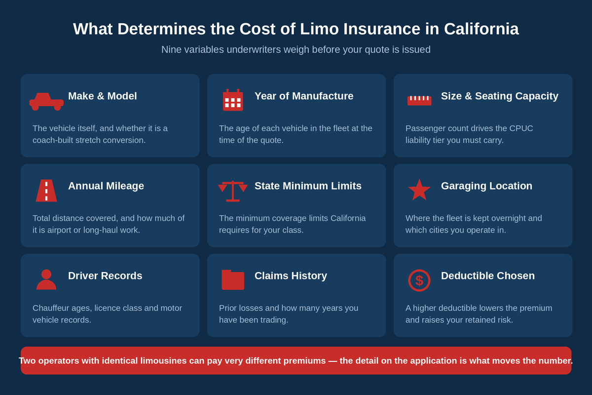 Nine factors that determine the cost of limo insurance in California, including vehicle make and model, seating capacity, annual mileage, driver records and deductible