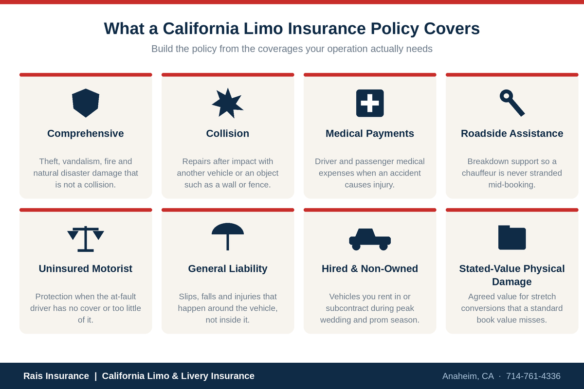 Coverage options in a California limo insurance policy — comprehensive, collision, medical payments, roadside assistance, uninsured motorist, general liability, hired and non-owned auto, and stated-value physical damage
