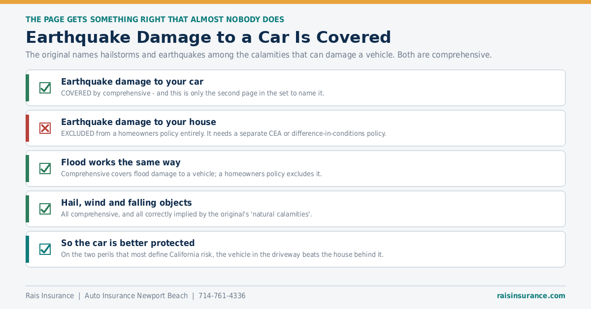 Earthquake damage to a car is covered by comprehensive insurance