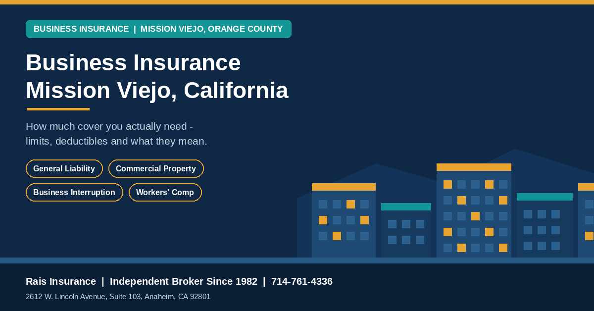 Business insurance Mission Viejo California - general liability, commercial property, business interruption and workers' comp from Rais Insurance